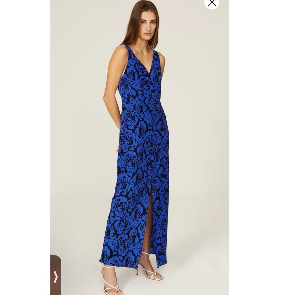 SAUNDERS Blue Floral Black A-Line V-Neck Sleeveless Greta Dress size 0